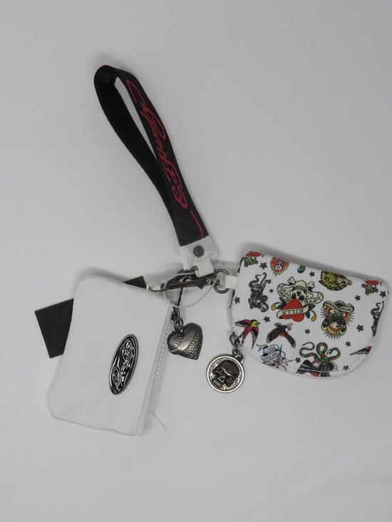 (#132) Ed Hardy 2 White/Multicolor mini wristlet wallet Zippered Keychain - Picture 3 of 6